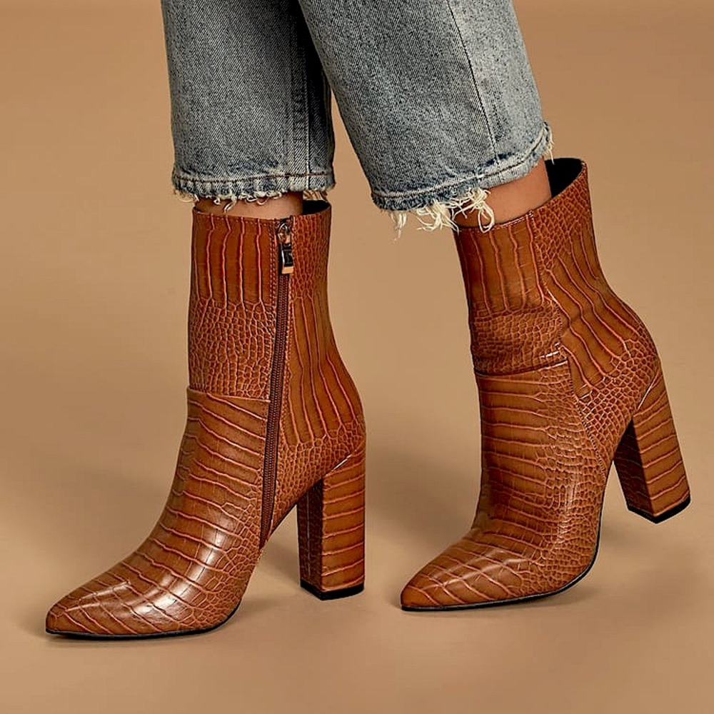 Lulus Crocodile Leather Mid-Calf Boots Tan